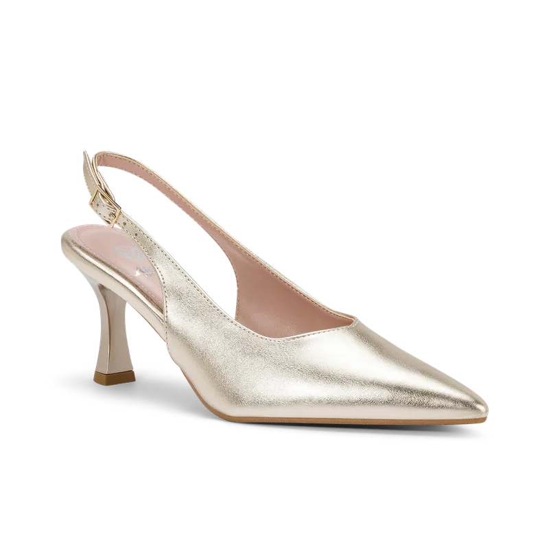 Azalea, slingback da cerimonia in laminato platino, fatta a mano a Trani