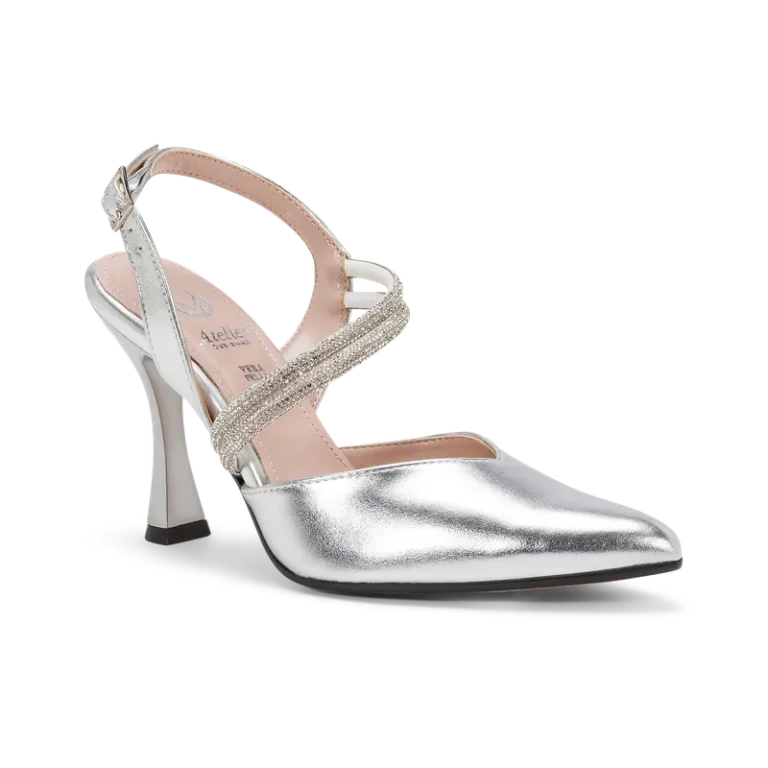 Corallia, slingback da cerimonia in laminato argento, fatta a mano a Trani