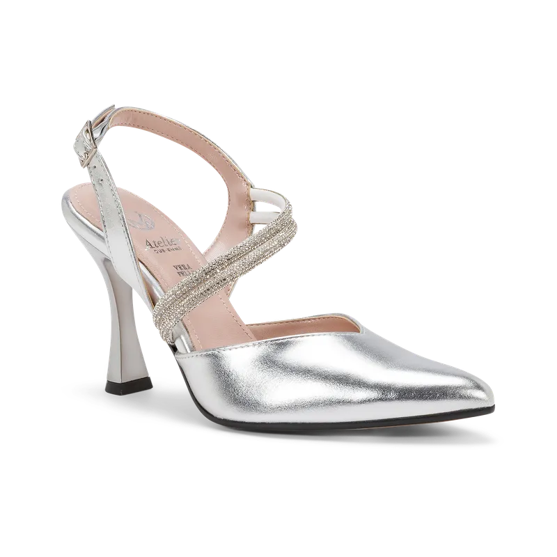 Corallia, slingback da cerimonia in laminato argento, fatta a mano a Trani