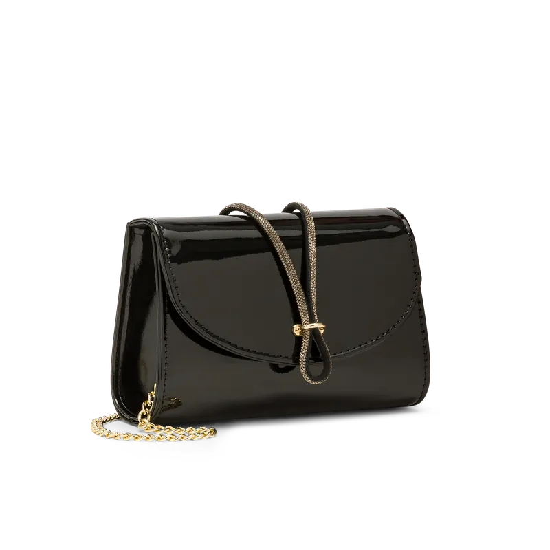 Corolla Nero, pochette en cuir verni noir, faite main à Trani