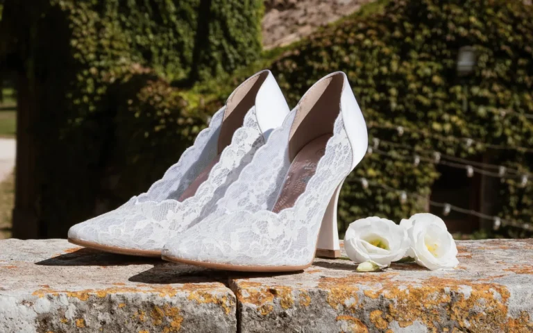 Un paio di décolleté Diamante Sposa in pizzo su un muretto di pietra, con fiori bianchi