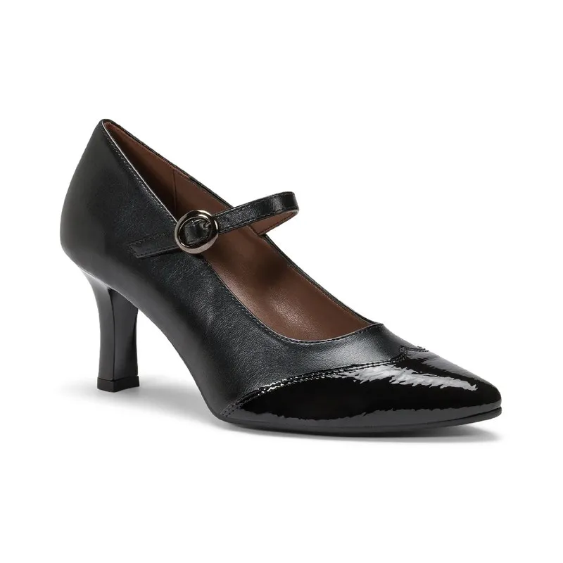 Mary Jane Etesia in vera pelle noire avec bout en cuir verni et bride à boucle, faite main à Trani