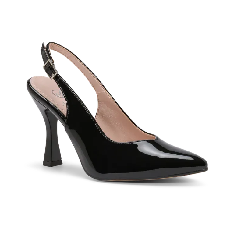 Etherea, slingback da cerimonia in vernice nero, fatta a mano a Trani