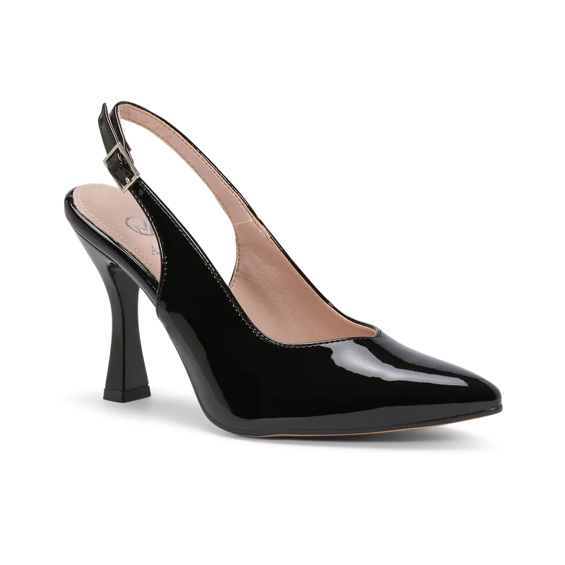 Etherea, slingback da cerimonia in vernice nero, fatta a mano a Trani