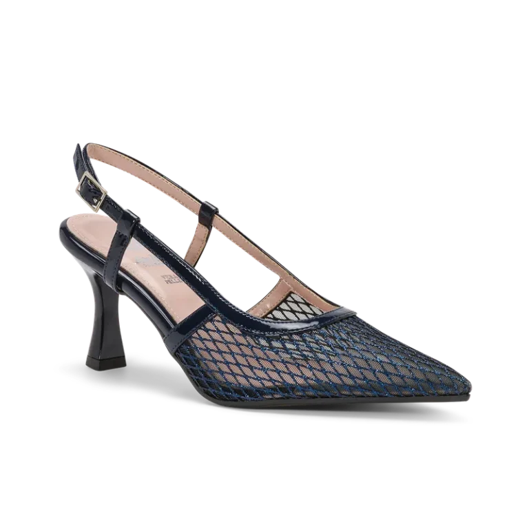 Fiordalisa Blu Notte, slingback da cerimonia in rete/tulle blu notte, fatta a mano a Trani
