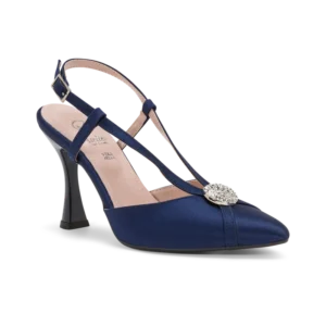 Gemma, slingback da cerimonia in raso blu notte, fatta a mano a Trani