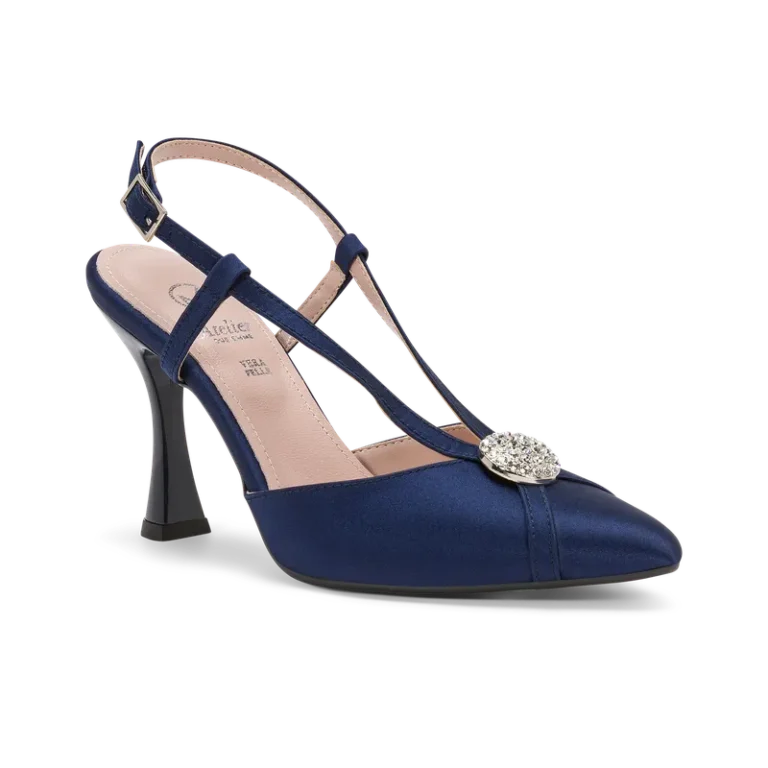 Gemma, slingback da cerimonia in raso blu notte, fatta a mano a Trani