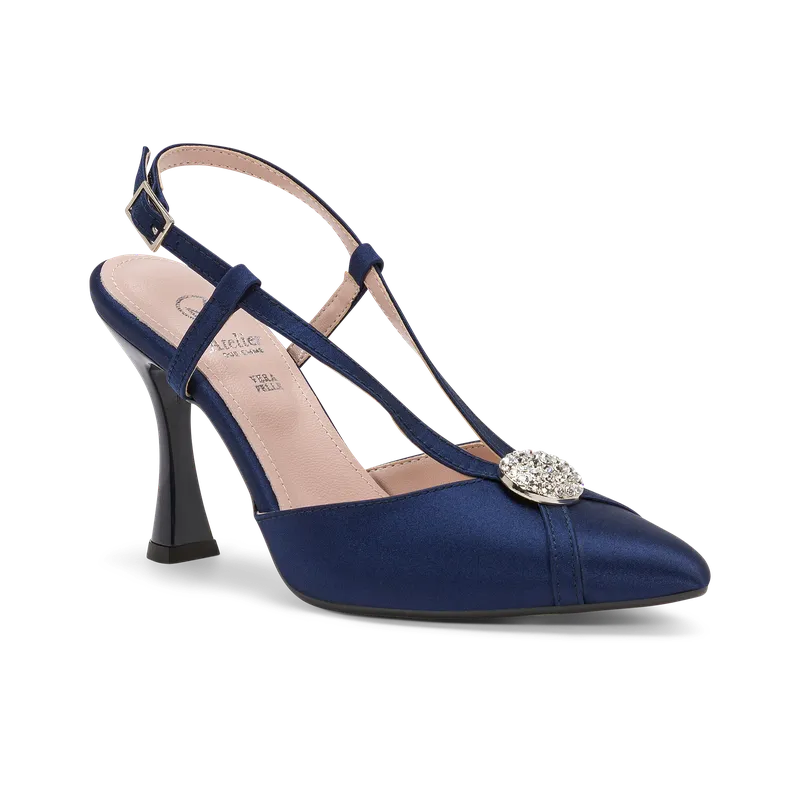 Gemma, slingback da cerimonia in raso blu notte, fatta a mano a Trani
