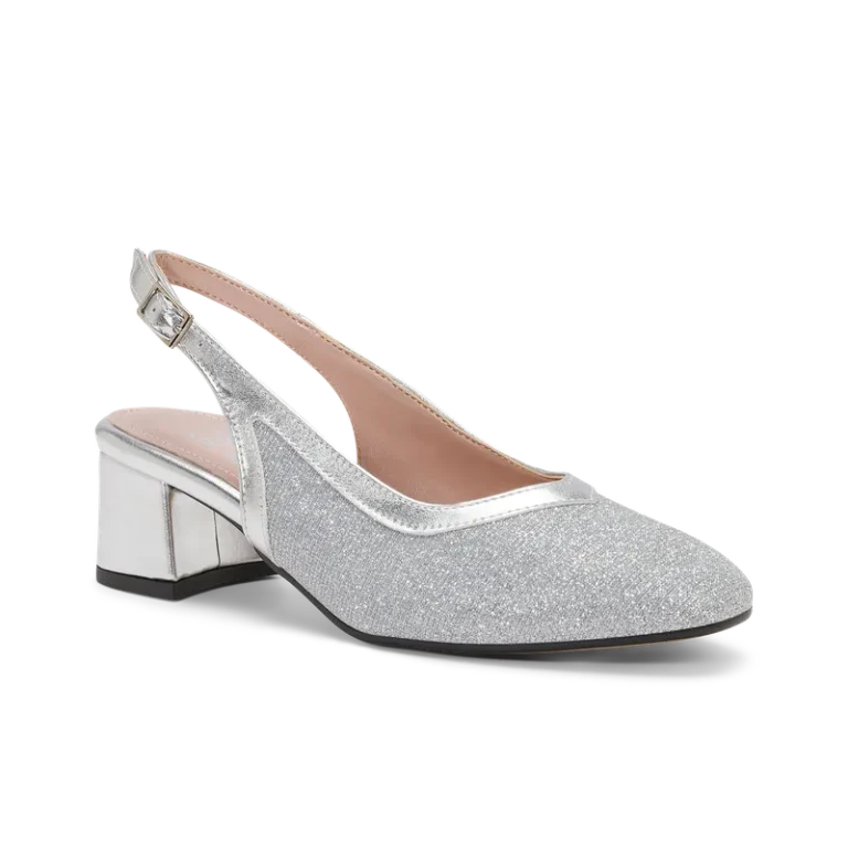 Gerbera, slingback da cerimonia in laminato argento, fatta a mano a Trani