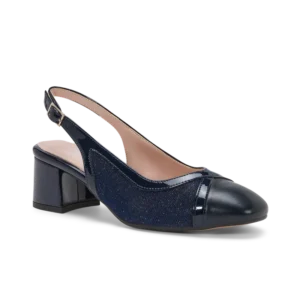 Ixia Blu Notte, slingback da cerimonia in tessuto lurex blu notte, fatta a mano a Trani