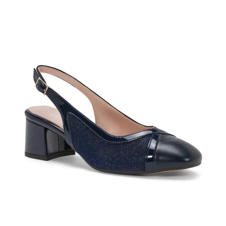 Ixia Blu Notte, slingback da cerimonia in tessuto lurex blu notte, fatta a mano a Trani