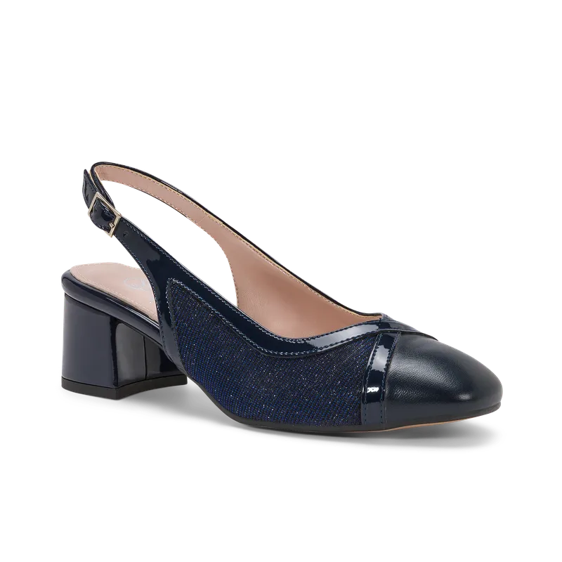 Ixia Blu Notte, slingback da cerimonia in tessuto lurex blu notte, fatta a mano a Trani