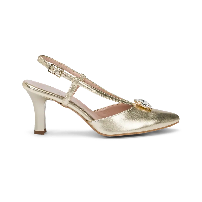 Liana, la slingback platino vista di lato, con il cinturino alla caviglia e il tacco da 7 cm