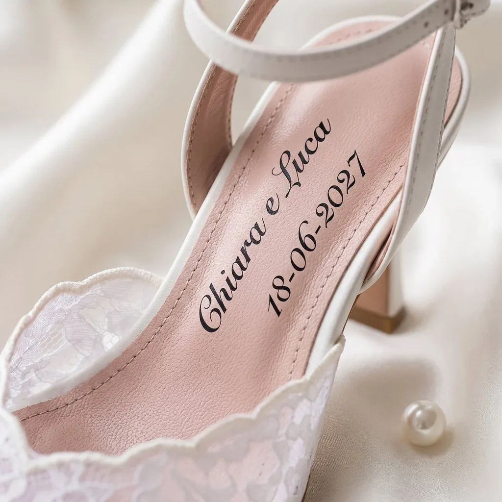Sottopiede rosa della décolleté da sposa Neve Sposa in pizzo bianco con i nomi Chiara e Luca e la data 18-06-2027 in corsivo nero: immagine di presentazione