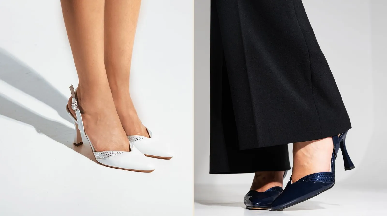 Lo stesso modello di slingback in due colori: Gelsomina Sposa in bianco e Gelsomina in vernice blu notte, ai piedi
