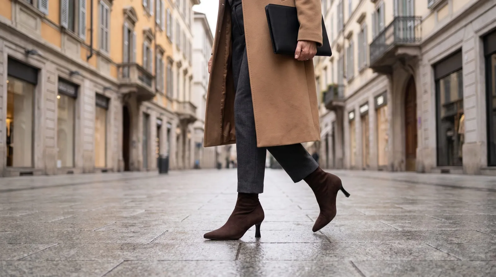 Stivaletti Tramontana Testa Moro in camoscio elasticizzato, indossati con cappotto cammello e pantalone grigio in una via del centro città