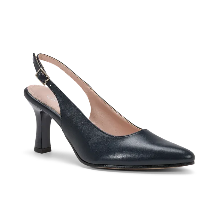 Vinca in vera pelle, slingback da cerimonia in vera pelle blu notte, fatta a mano a Trani