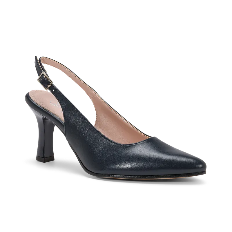 Vinca in vera pelle, slingback da cerimonia in vera pelle blu notte, fatta a mano a Trani